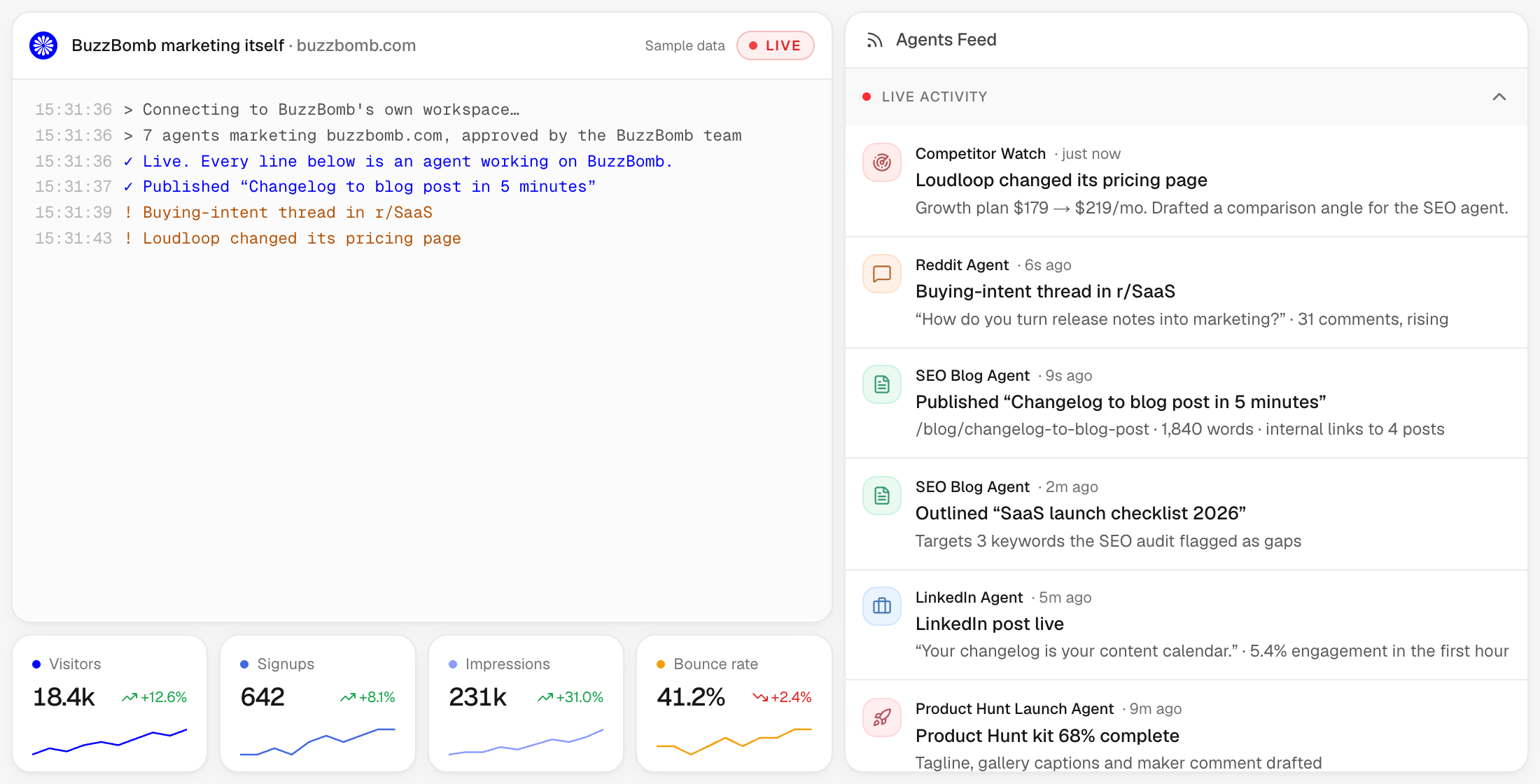 BuzzBomb dashboard showing the agent fleet and the approval feed
